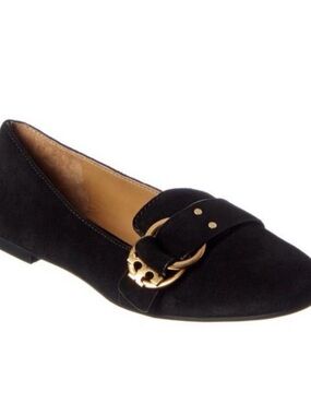 Tory Burch Marsden Suede Smoking Loafer Perfect Black Gold Buckle Flats Sz 9.5